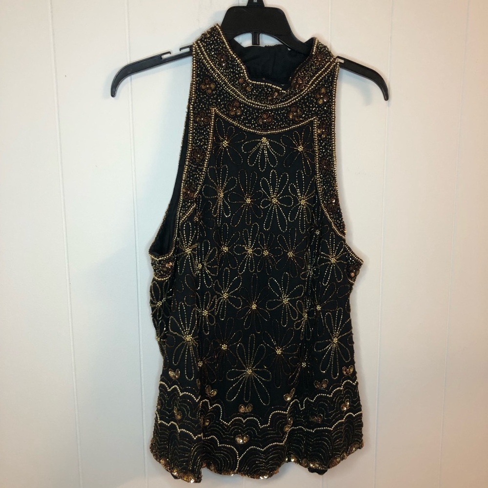 Papell Boutique Evening VT Y2K Beaded Sequin Sleeveless High Neck Top 1X